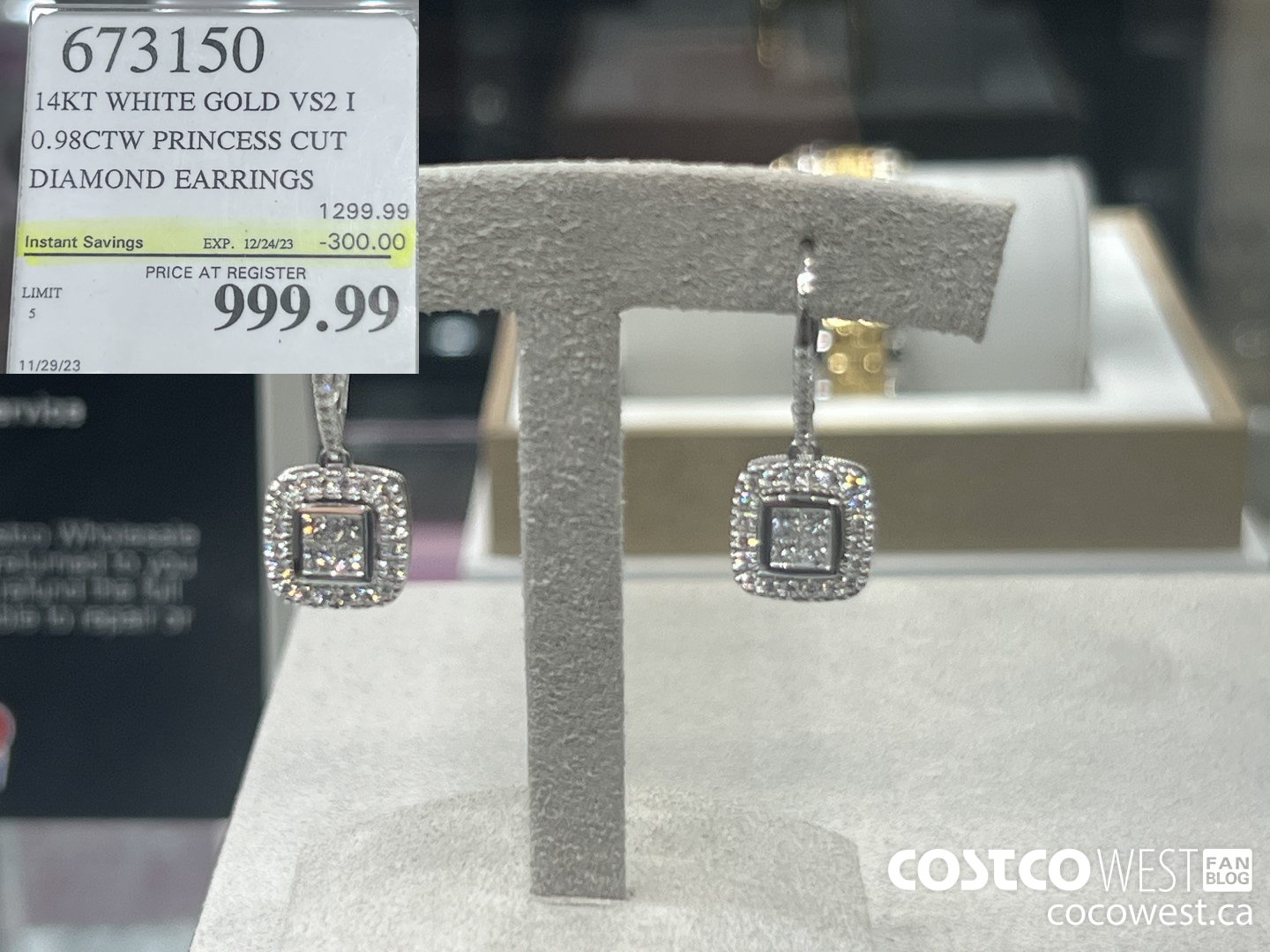 673150 14KT WHITE GOLD VS2 I 0.98CTW PRINCESS CUT DIAMOND EARRINGS ($300.00 INSTANT SAVINGS EXPIRES ON 2023-12-24) $999.99