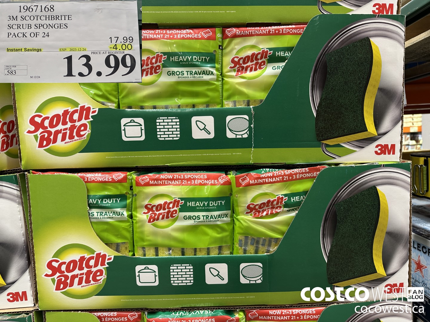 1967168 3M SCOTCHBRITE SCRUB SPONGES PACK OF 24 ($4.00 INSTANT SAVINGS EXPIRES ON 2023-12-24) $13.99