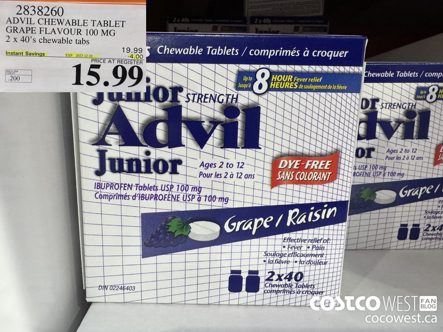 2838260 ADVIL CHEWABLE TABLET GRAPE FLAVOUR 100 MG 2 X 40'S CHEWABLE TABS ($4.00 INSTANT SAVINGS EXPIRES ON 2023-12-10) $15.99