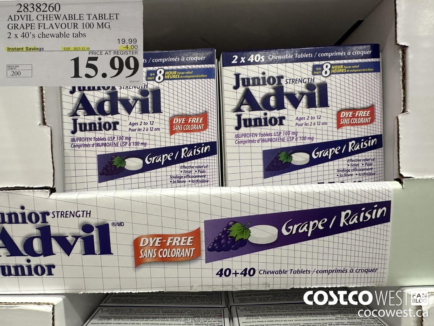 2838260 ADVIL CHEWABLE TABLET GRAPE FLAVOUR 100 MG 2 X 40'S CHEWABLE TABS ($4.00 INSTANT SAVINGS EXPIRES ON 2023-12-10) $15.99