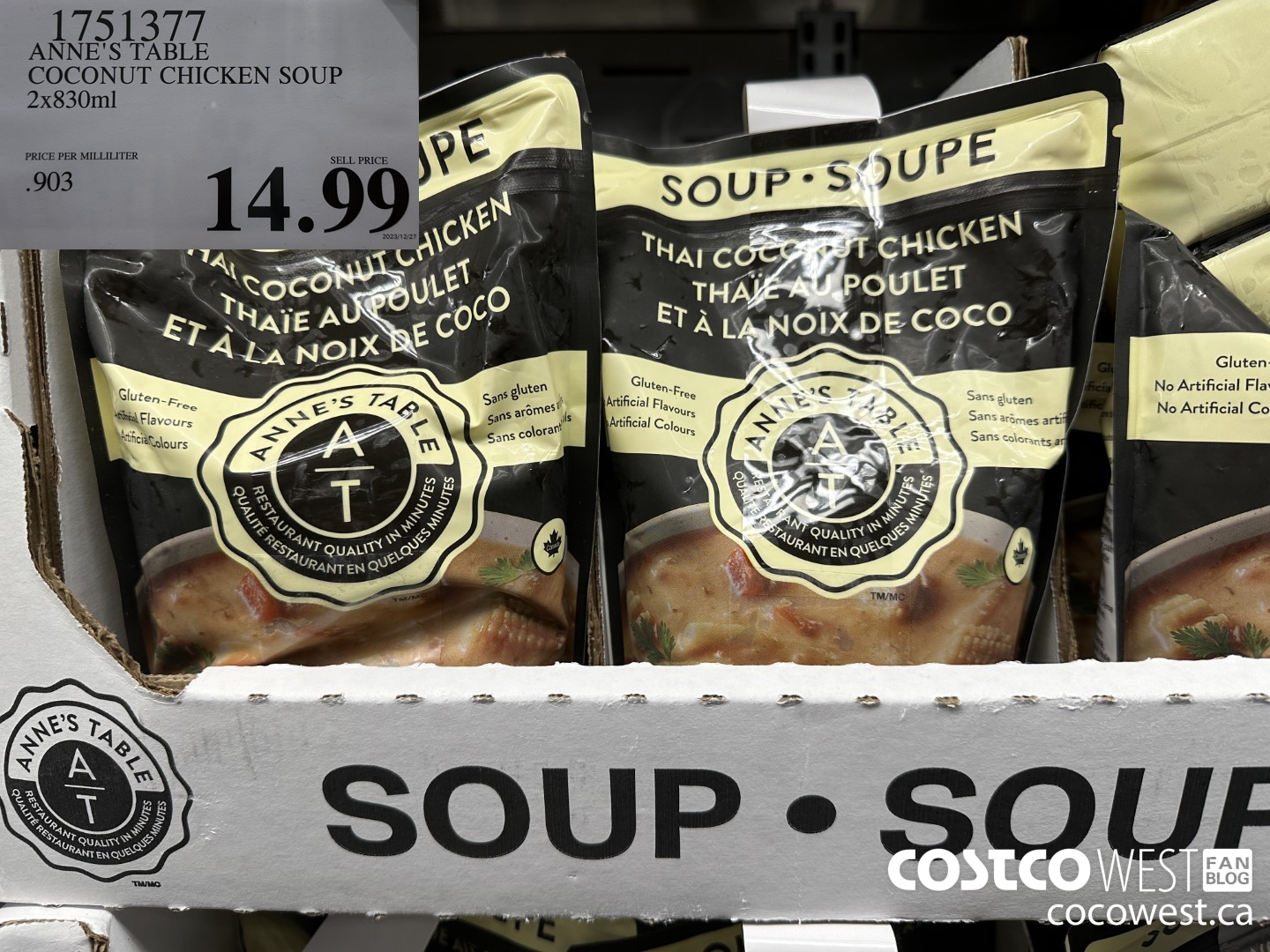 1751377 ANNE'S TABLE COCONUT CHICKEN SOUP 2x830ml $14.99