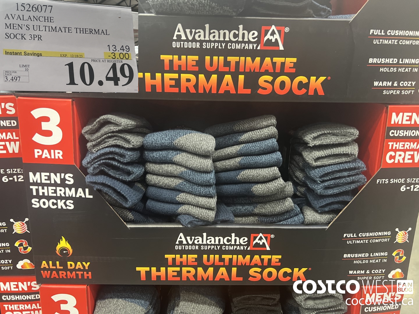 1526077 AVALANCHE MEN'S ULTIMATE THERMAL SOCK 3PR ($3.00 INSTANT SAVINGS EXPIRES ON 2023-12-18) $10.49