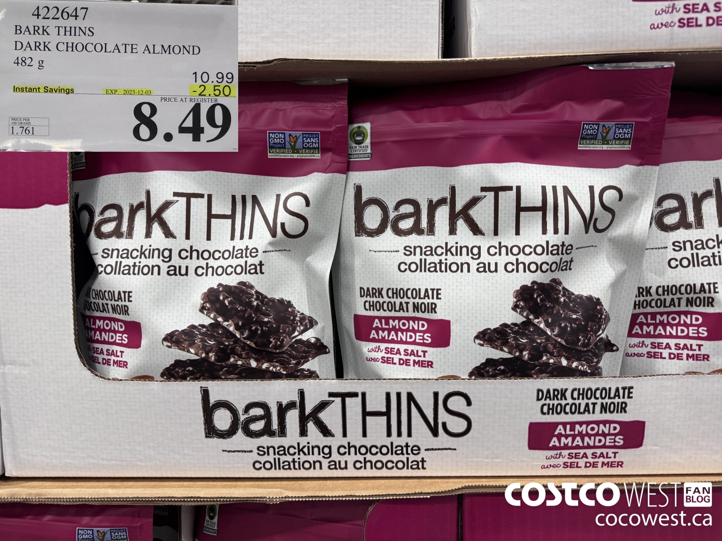 422647 BARK THINS DARK CHOCOLATE ALMOND 482 g ($2.50 INSTANT SAVINGS EXPIRES ON 2023-12-03) $8.49
