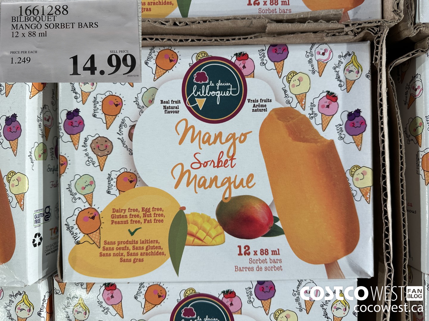 1661288 BILBOQUET MANGO SORBET BARS 12 X 88 ML $14.99