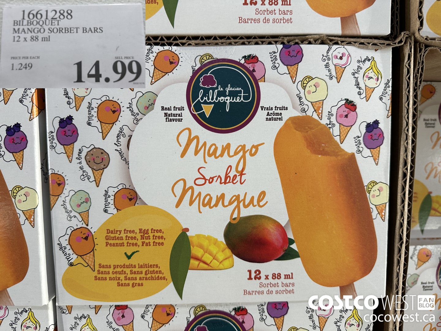 1661288 BILBOQUET MANGO SORBET BARS 12 X 88 ML $14.99