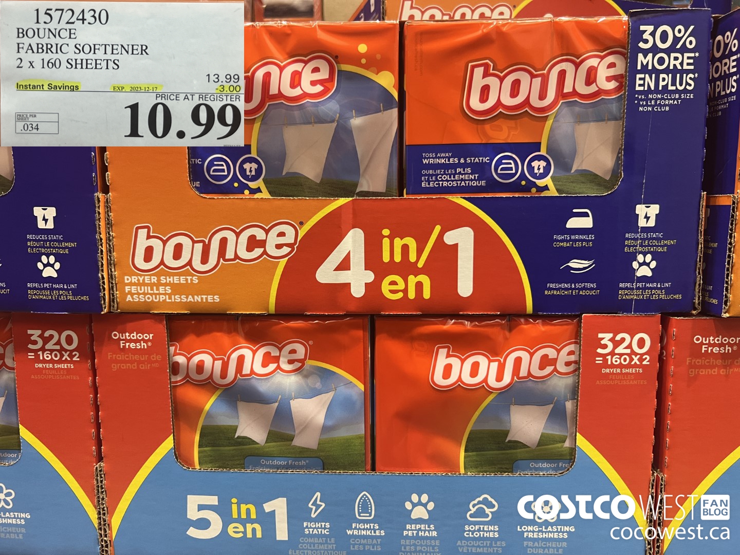 1572430 BOUNCE FABRIC SOFTENER 320 sheets ($3.00 INSTANT SAVINGS EXPIRES ON 2023-12-17) $10.99