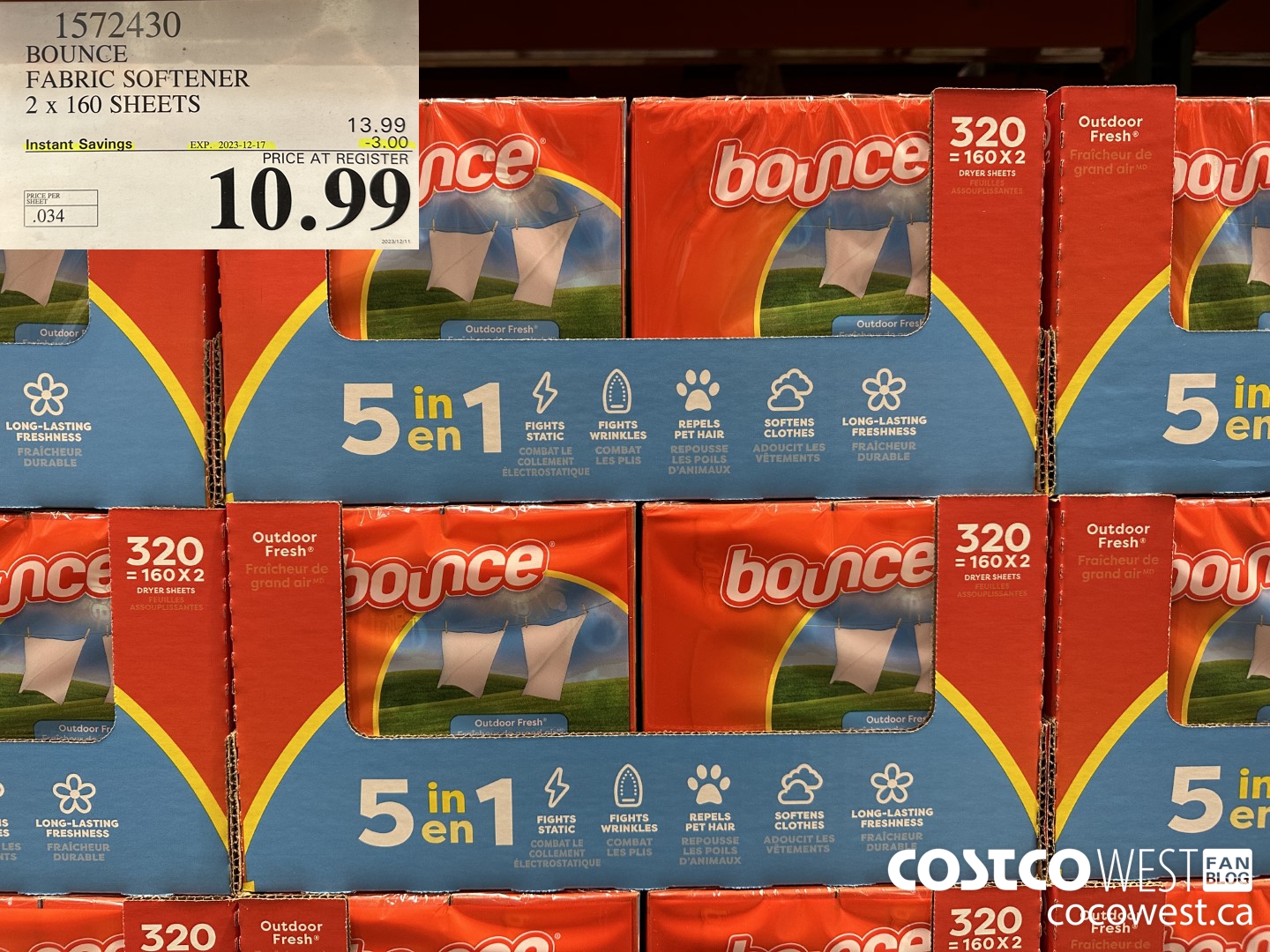 1572430 BOUNCE FABRIC SOFTENER 320 sheets ($3.00 INSTANT SAVINGS EXPIRES ON 2023-12-17) $10.99