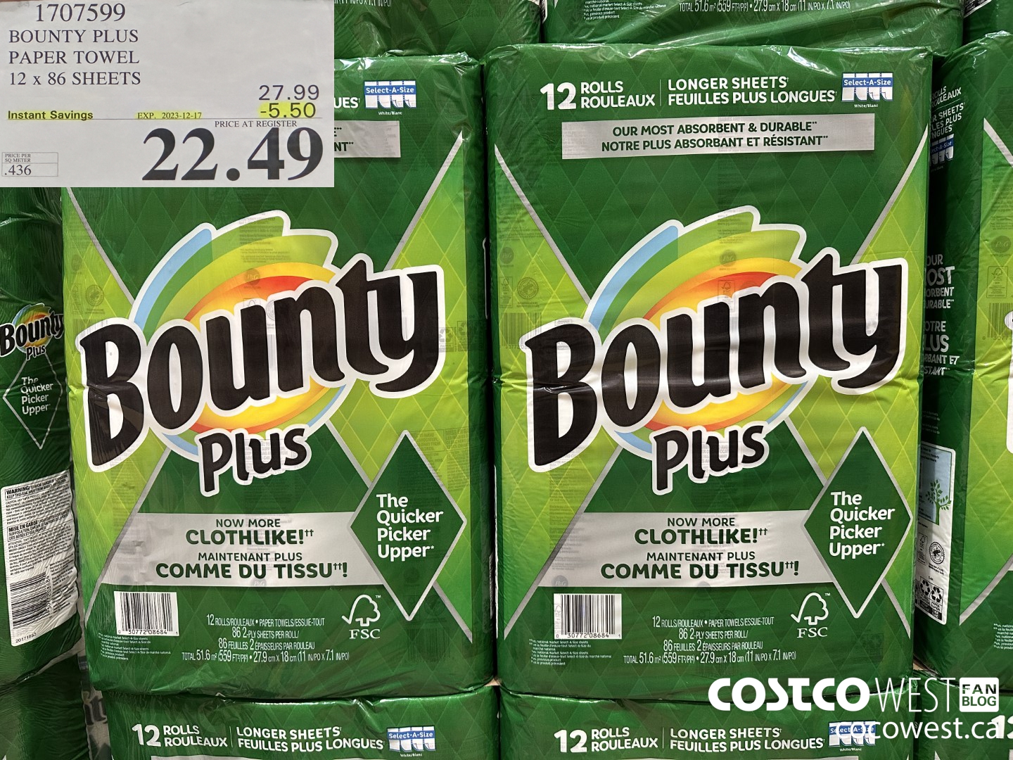 1707599 BOUNTY PLUS PAPER TOWEL 12 X 86 SHEETS ($5.50 INSTANT SAVINGS EXPIRES ON 2023-12-17) $22.49