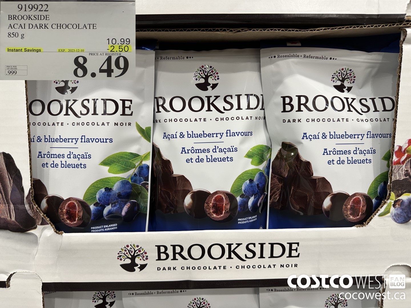 919922 BROOKSIDE ACAI DARK CHOCOLATE 850 g ($2.50 INSTANT SAVINGS EXPIRES ON 2023-12-10) $8.49