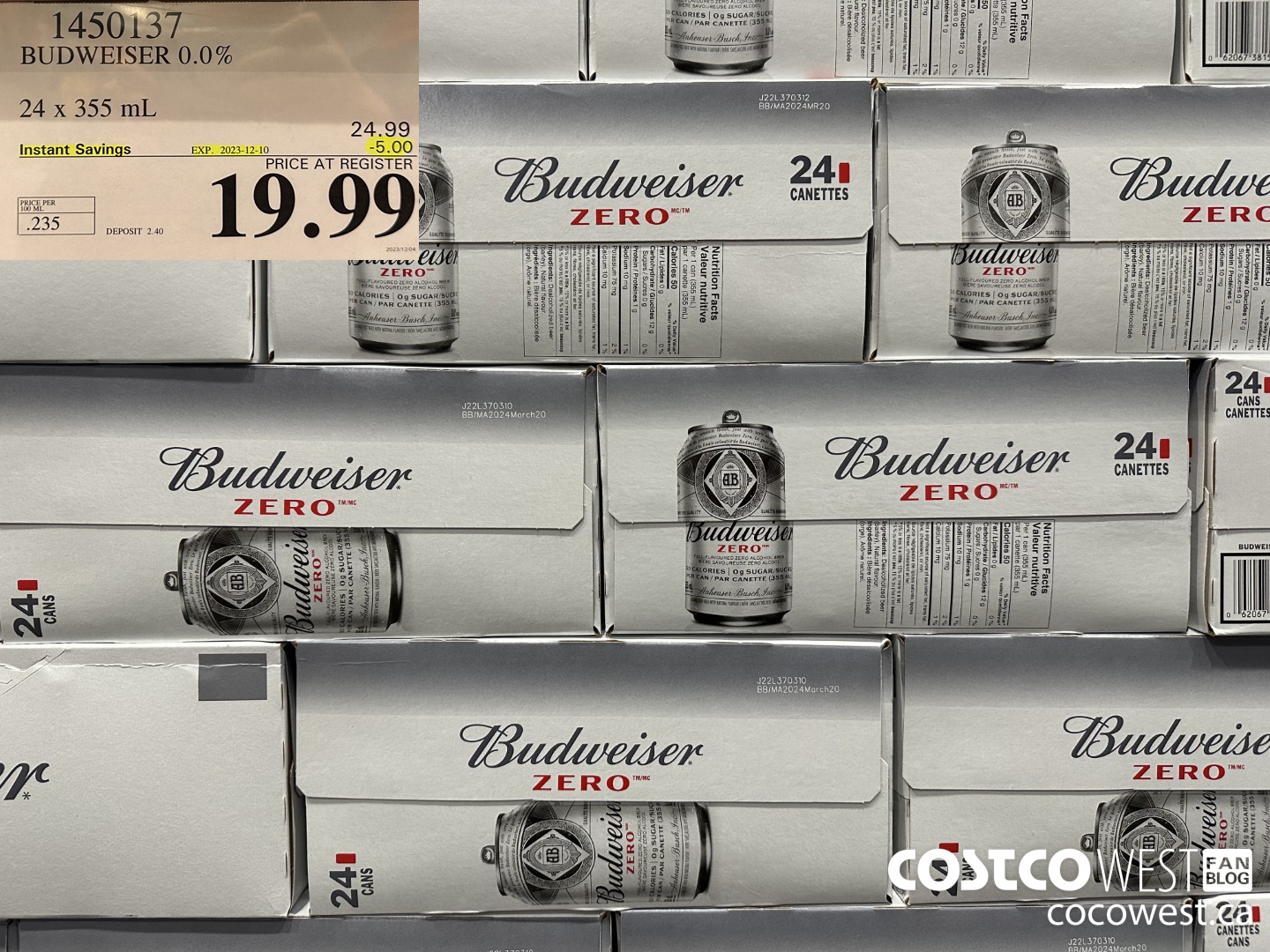 1450137 BUDWEISER 0.0% 24 x 355 mL ($5.00 INSTANT SAVINGS EXPIRES ON 2023-12-10) $19.99