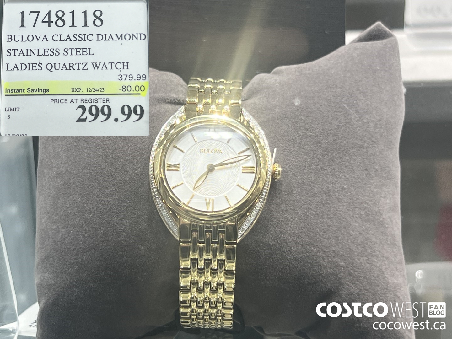 1748118 BULOVA CLASSIC DIAMOND STAINLESS STEEL LADIES QUARTZ WATCH ($80.00 INSTANT SAVINGS EXPIRES ON 2023-12-24) $299.99