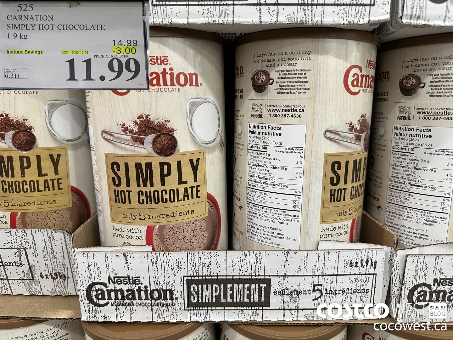 525 CARNATION 5 SIMPLE INGREDIENTS HOT CHOCOLATE 1.9 kg ($3.00 INSTANT SAVINGS EXPIRES ON 2023-12-31) $11.99