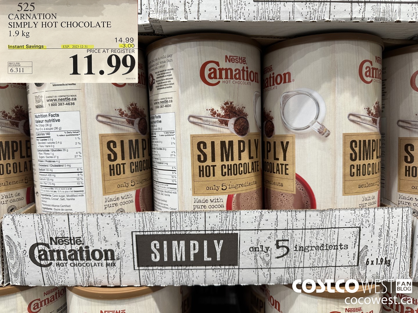 525 CARNATION 5 SIMPLE INGREDIENTS HOT CHOCOLATE 1.9 kg ($3.00 INSTANT SAVINGS EXPIRES ON 2023-12-31) $11.99
