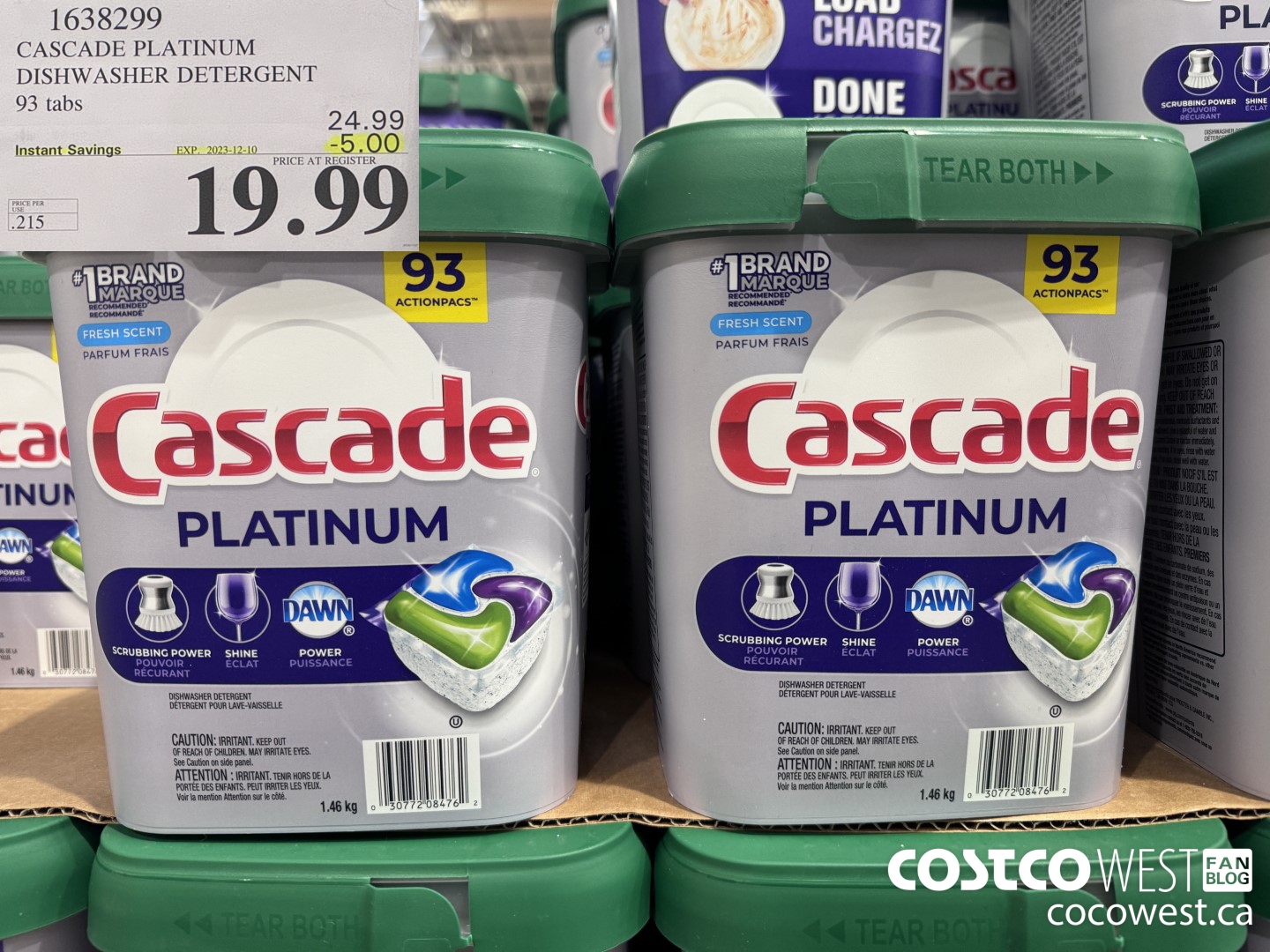 1638299 CASCADE PLATINUM DISHWASHER DETERGENT 93 TABS ($5.00 INSTANT SAVINGS EXPIRES ON 2023-12-10) $19.99