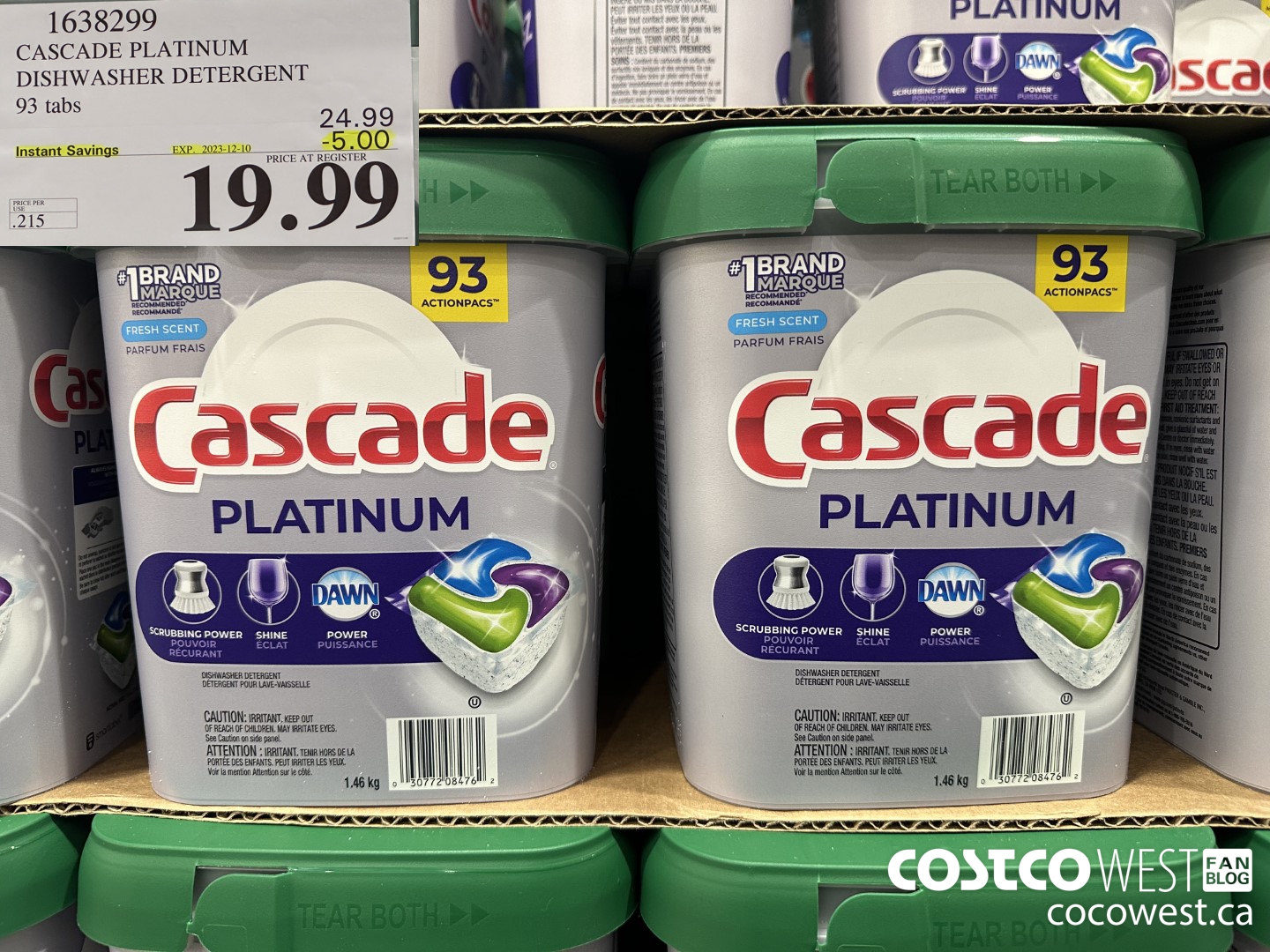 1638299 CASCADE PLATINUM DISHWASHER DETERGENT 93 TABS ($5.00 INSTANT SAVINGS EXPIRES ON 2023-12-10) $19.99