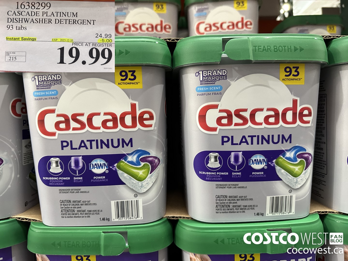 1638299 CASCADE PLATINUM DISHWASHER DETERGENT 93 TABS ($5.00 INSTANT SAVINGS EXPIRES ON 2023-12-10) $19.99