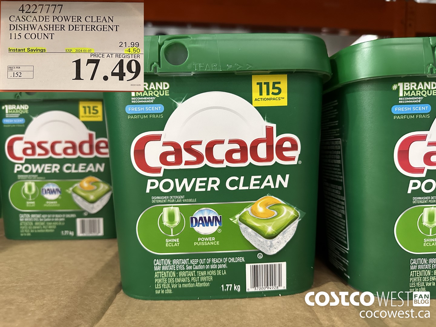 4227777 CASCADE POWER CLEAN DISHWASHER DETERGENT 115 COUNT ($4.50 INSTANT SAVINGS EXPIRES ON 2024-01-07) $17.49