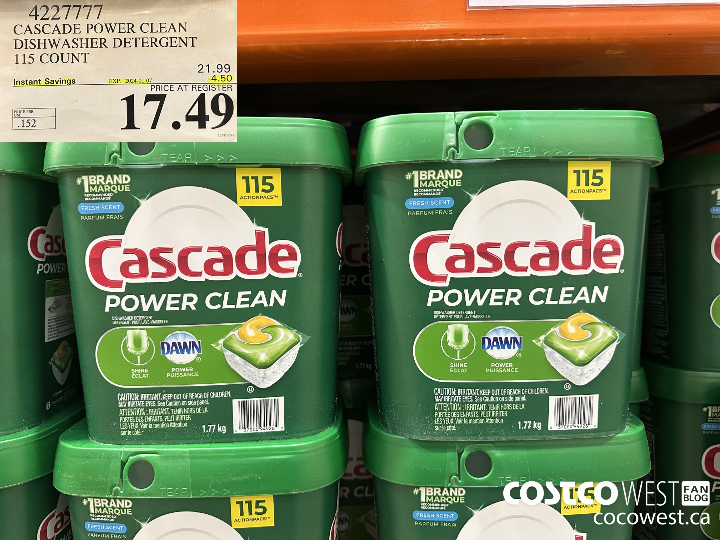 4227777 CASCADE POWER CLEAN DISHWASHER DETERGENT 115 COUNT ($4.50 INSTANT SAVINGS EXPIRES ON 2024-01-07) $17.49
