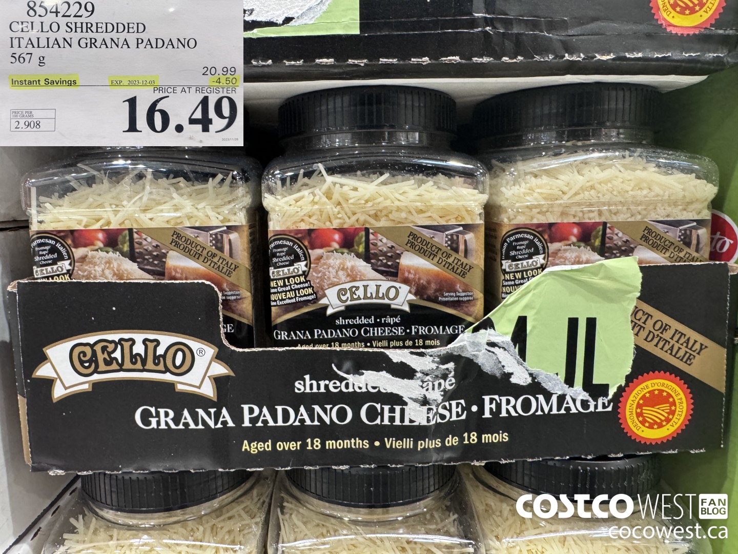 854229 CELLO SHREDDED ITALIAN GRANA PADANO 567 G ($4.50 INSTANT SAVINGS EXPIRES ON 2023-12-03) $16.49