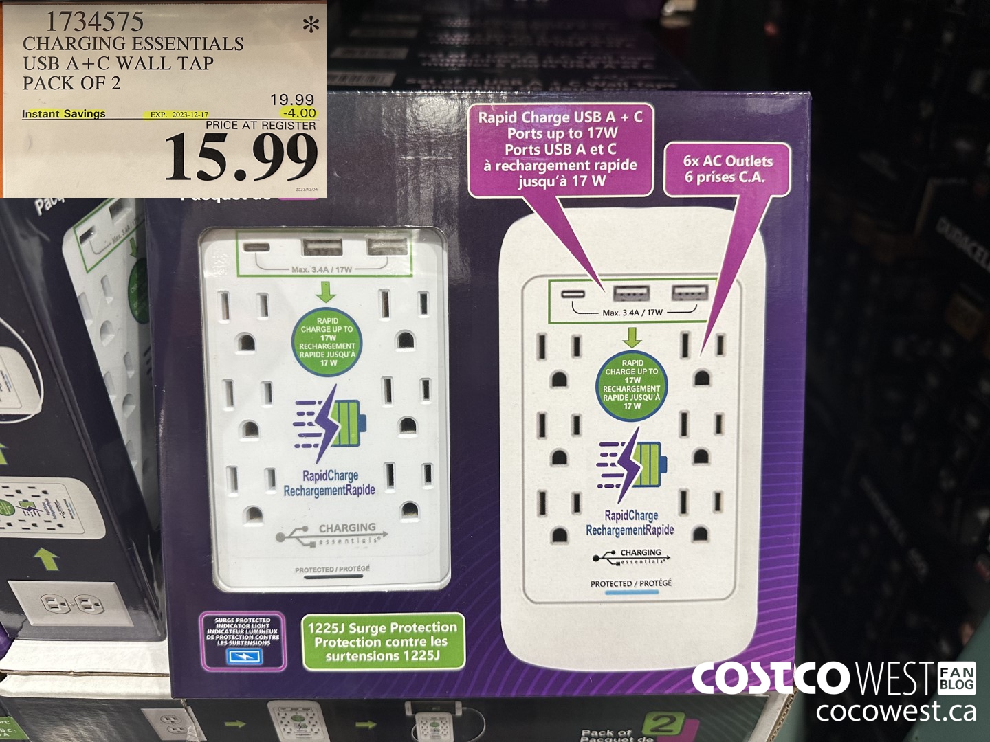 1734575 CHARGING ESSENTIALS USB A+C WALL TAP PACK OF 2 ($4.00 INSTANT SAVINGS EXPIRES ON 2023-12-17) $15.99