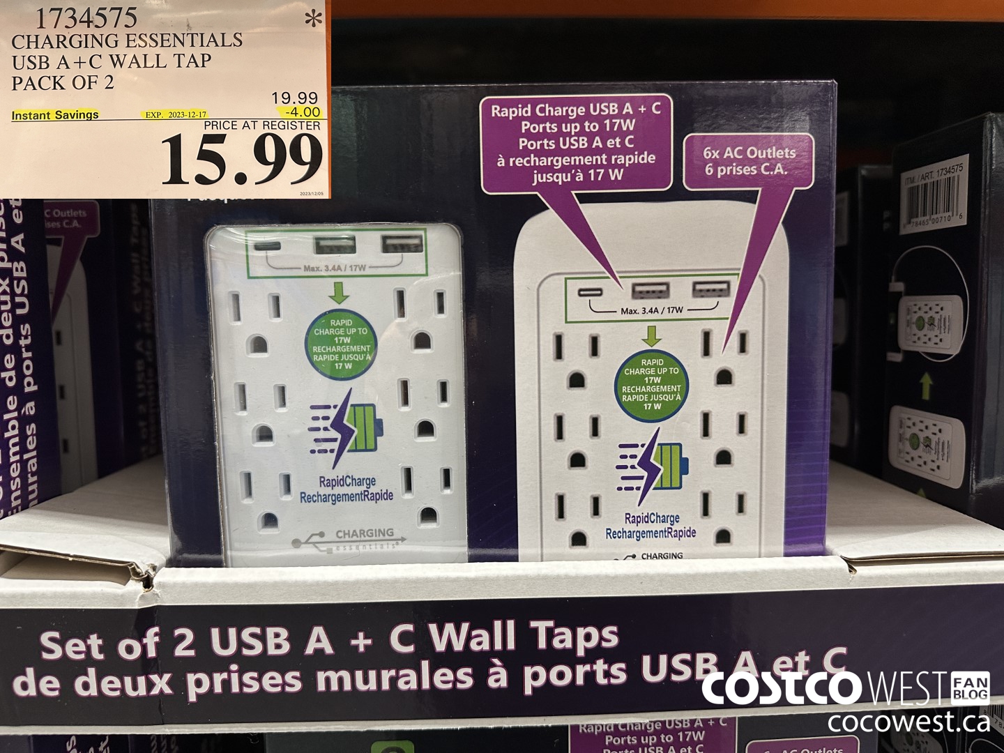 1734575 CHARGING ESSENTIALS USB A+C WALL TAP PACK OF 2 ($4.00 INSTANT SAVINGS EXPIRES ON 2023-12-17) $15.99