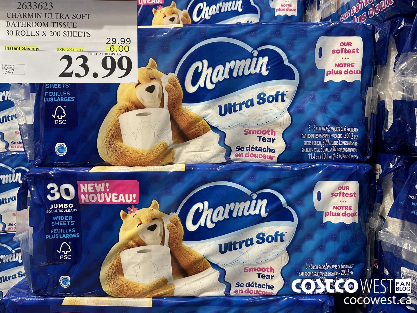 2633623 CHARMIN ULTRA SOFT BATHROOM TISSUE 30 ROLLS X 200 SHEETS ($6.00 INSTANT SAVINGS EXPIRES ON 2023-12-17) $23.99