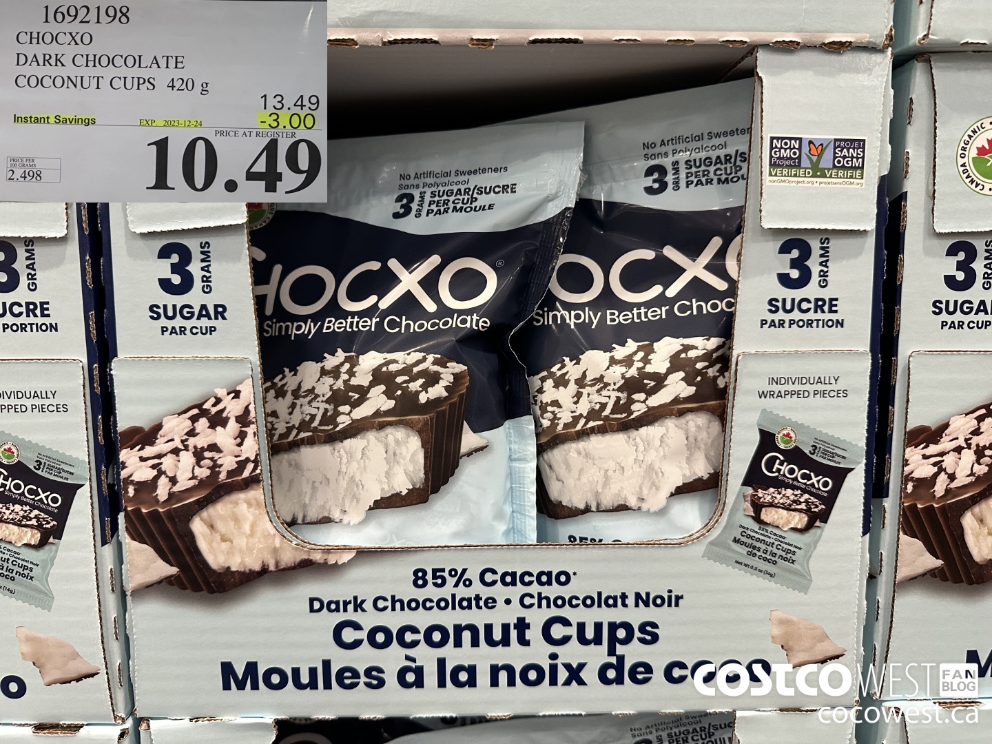 1692198 CHOCXO DARK CHOCOLATE COCONUT CUPS 420 g ($3.00 INSTANT SAVINGS EXPIRES ON 2023-12-24) $10.49