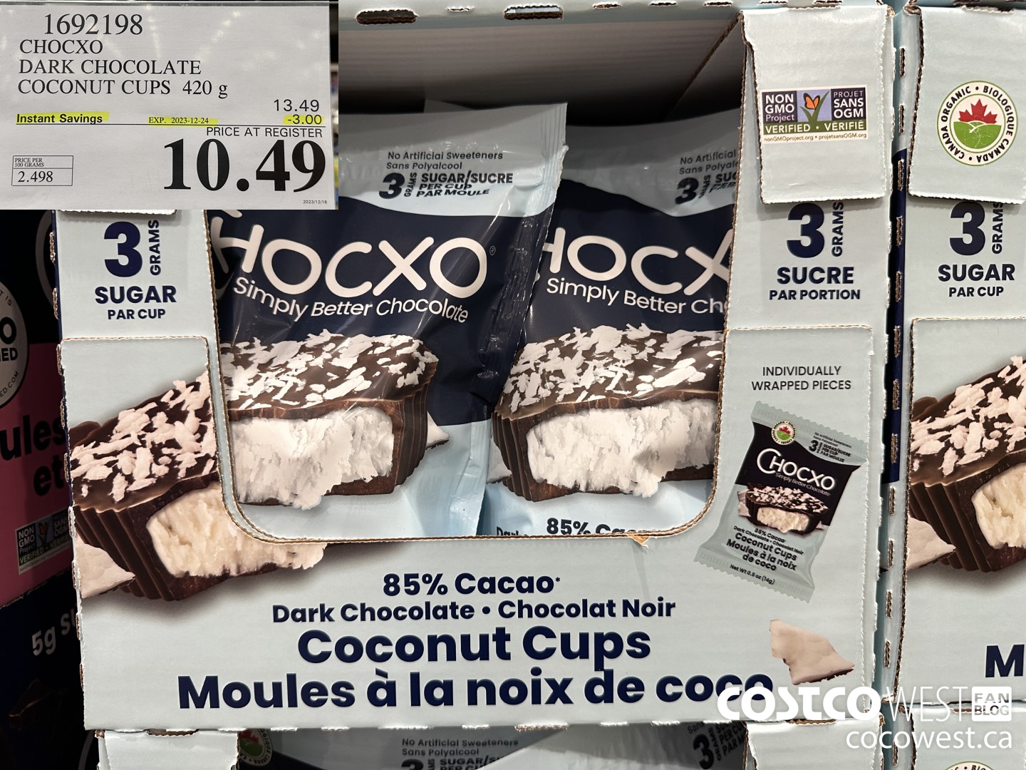 1692198 CHOCXO DARK CHOCOLATE COCONUT CUPS 420 g ($3.00 INSTANT SAVINGS EXPIRES ON 2023-12-24) $10.49