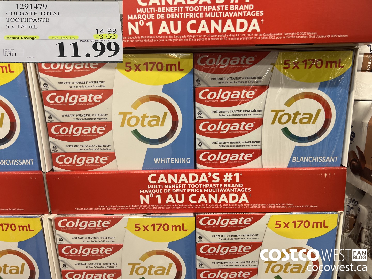 1291479 COLGATE TOTAL TOOTHPASTE 5 x 170 mL ($3.00 INSTANT SAVINGS EXPIRES ON 2023-12-24) $11.99