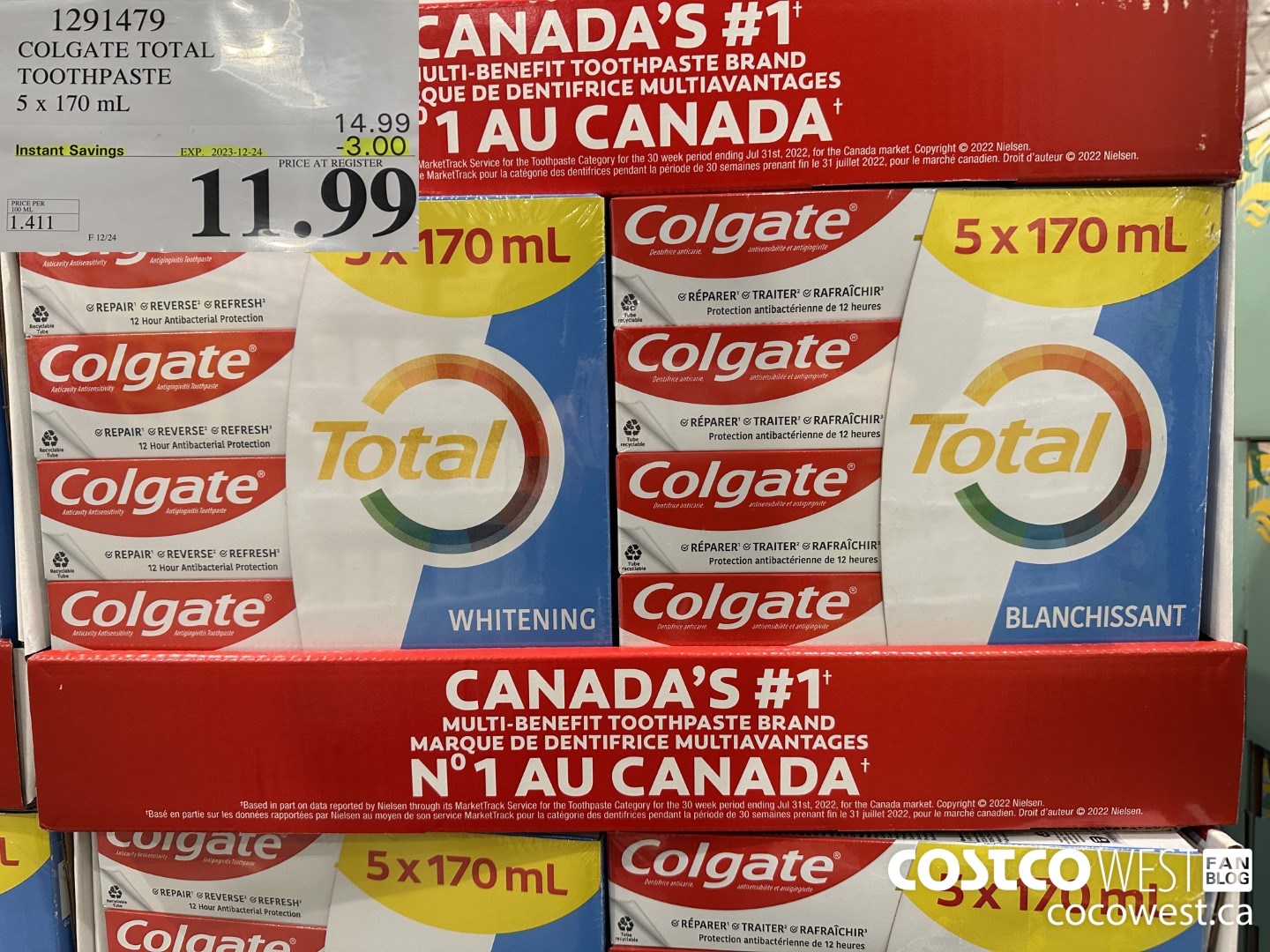 1291479 COLGATE TOTAL TOOTHPASTE 5 x 170 mL ($3.00 INSTANT SAVINGS EXPIRES ON 2023-12-24) $11.99