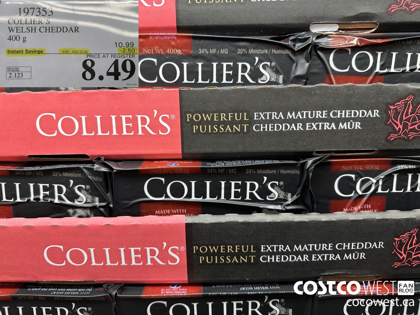 197353 COLLIER'S WELSH CHEDDAR 400 G ($2.50 INSTANT SAVINGS EXPIRES ON 2023-12-24) $8.49