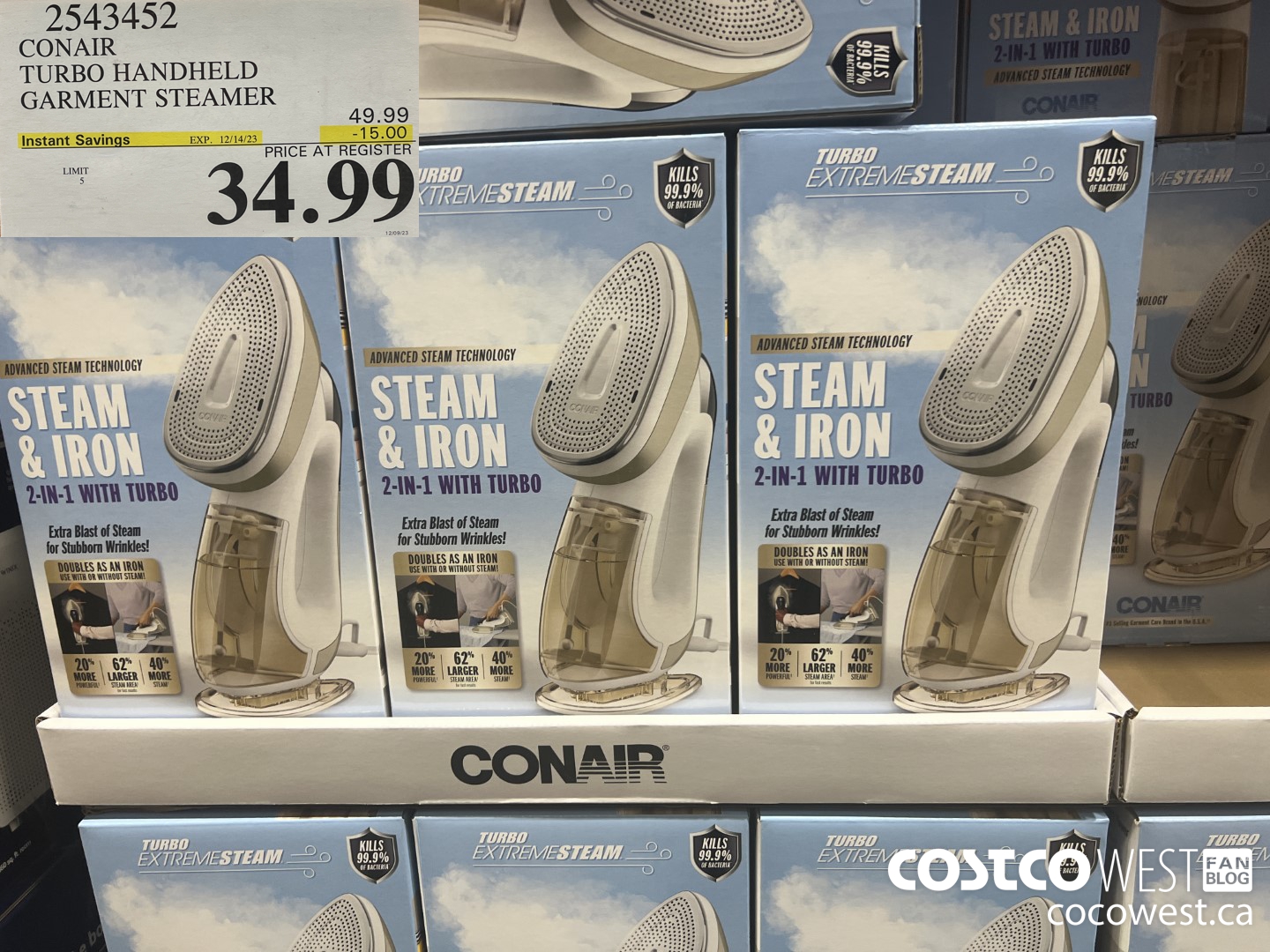 2543452 CONAIR TURBO HANDHELD GARMENT STEAMER ($15.00 INSTANT SAVINGS EXPIRES ON 2023-12-14) $34.99