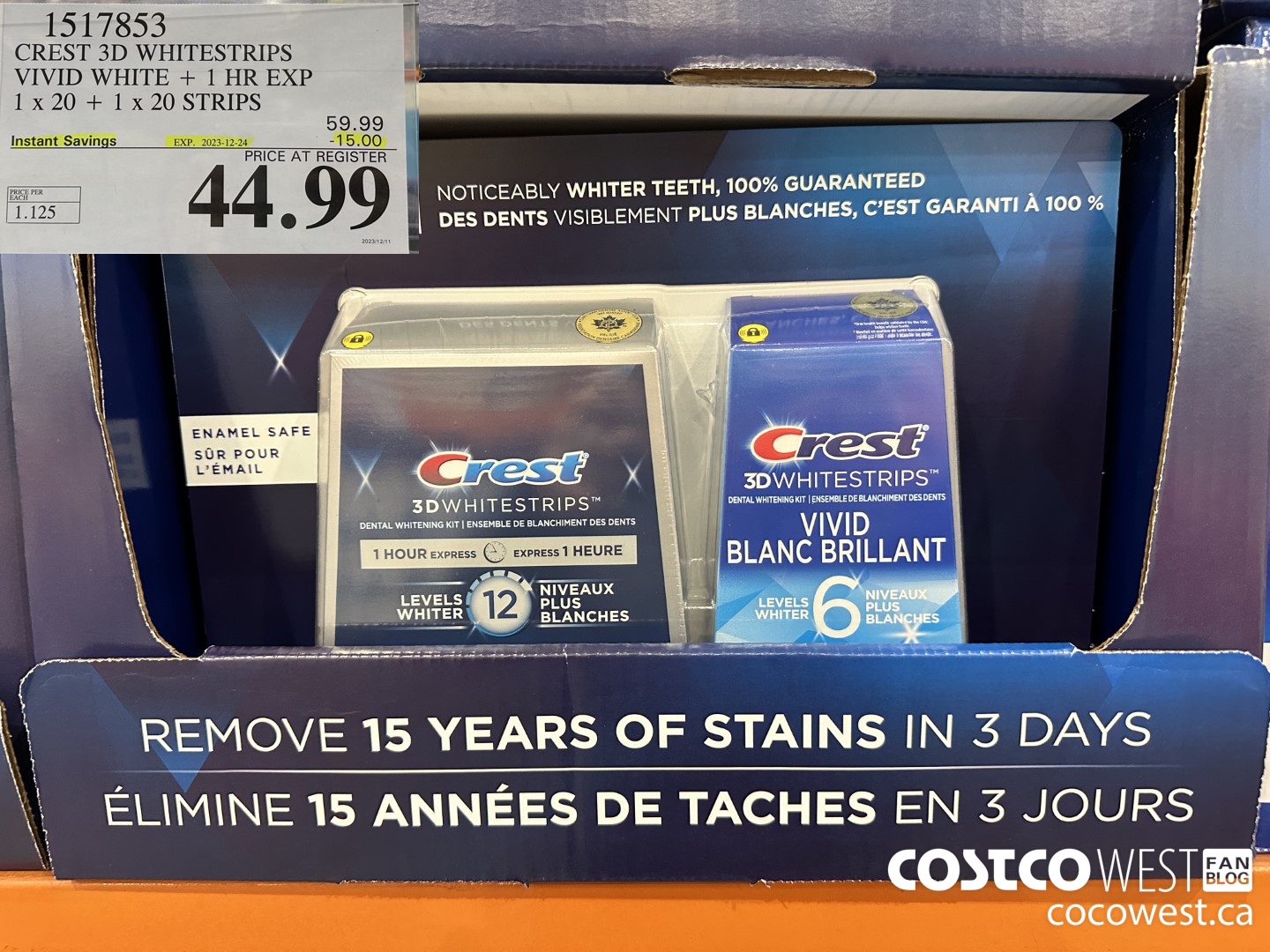 1517853 CREST 3D WHITESTRIPS VIVID WHITE + 1 HR EXP 1 x 20 + 1 x 20 STRIPS ($15.00 INSTANT SAVINGS EXPIRES ON 2023-12-24) $44.99