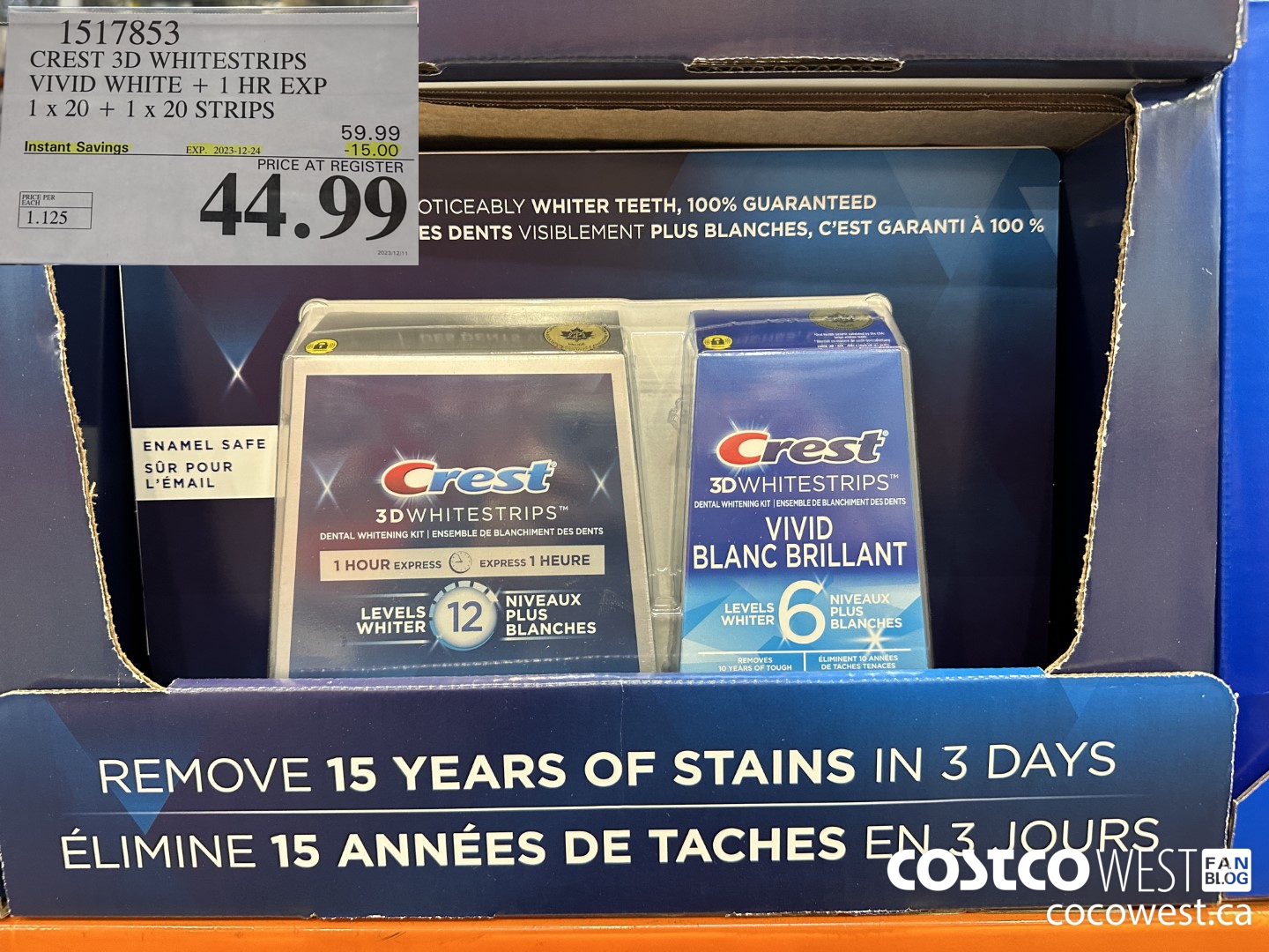 1517853 CREST 3D WHITESTRIPS VIVID WHITE + 1 HR EXP 1 x 20 + 1 x 20 STRIPS ($15.00 INSTANT SAVINGS EXPIRES ON 2023-12-24) $44.99