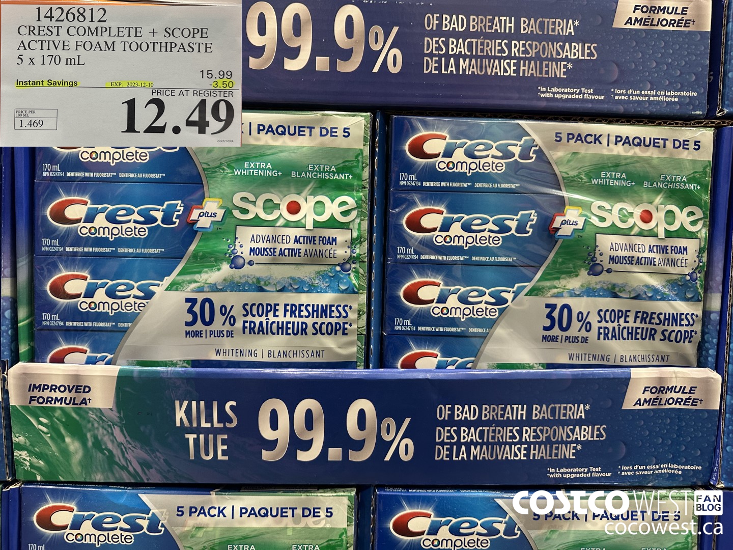 1426812 CREST COMPLETE + SCOPE ACTIVE FOAM TOOTHPASTE 5 x 170ml  ($3.50 INSTANT SAVINGS EXPIRES ON 2023-12-10) $12.49