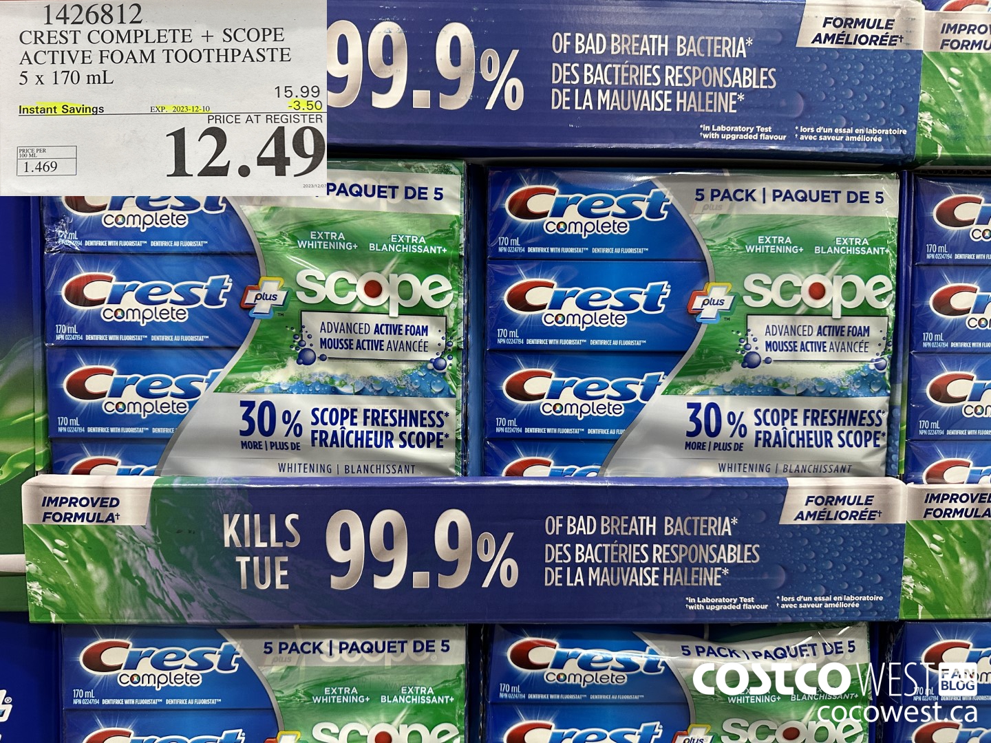 1426812 CREST COMPLETE + SCOPE ACTIVE FOAM TOOTHPASTE 5 x 170ml  ($3.50 INSTANT SAVINGS EXPIRES ON 2023-12-10) $12.49