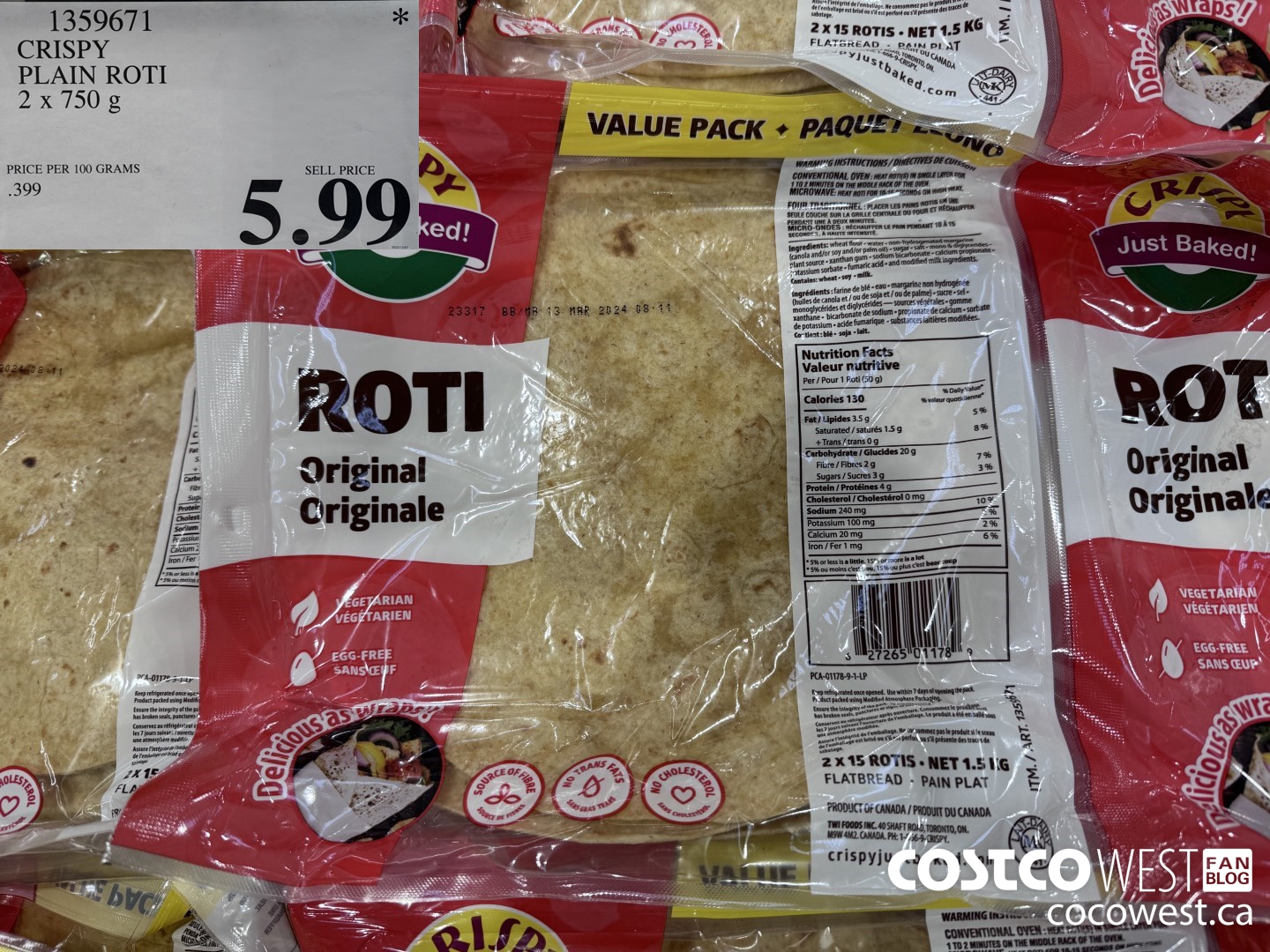 1359671 CRISPY PLAIN ROTI 2 X 750 G $5.99
