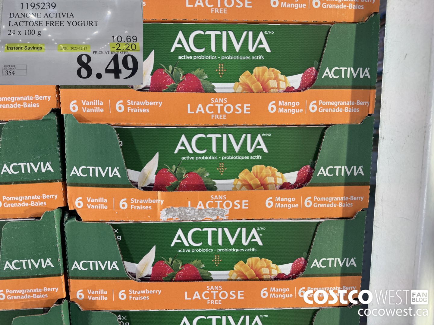 1195239 DANONE ACTIVIA LACTOSE FREE YOGURT 24 x 100 g ($2.20 INSTANT SAVINGS EXPIRES ON 2023-12-17) $8.49