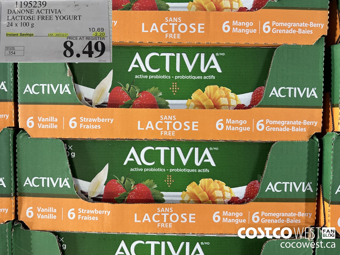 1195239 DANONE ACTIVIA LACTOSE FREE YOGURT 24 x 100 g ($2.20 INSTANT SAVINGS EXPIRES ON 2023-12-17) $8.49