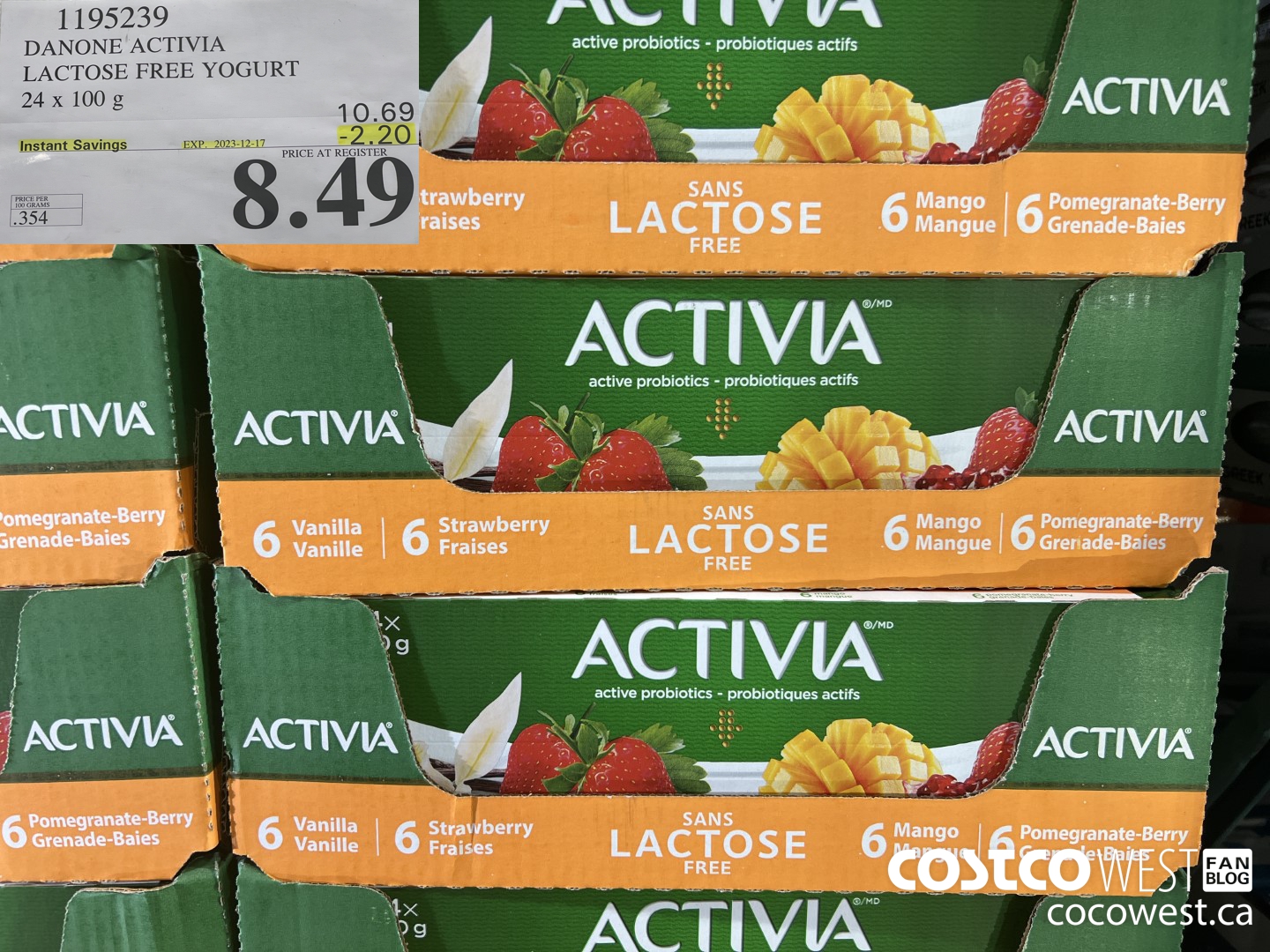 1195239 DANONE ACTIVIA LACTOSE FREE YOGURT 24 x 100 g ($2.20 INSTANT SAVINGS EXPIRES ON 2023-12-17) $8.49