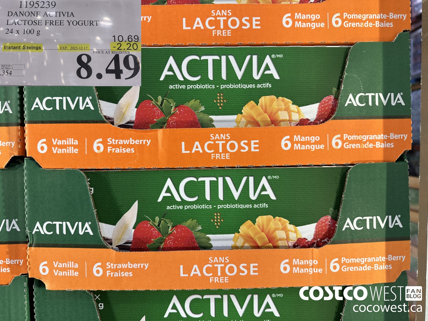 1195239 DANONE ACTIVIA LACTOSE FREE YOGURT 24 x 100 g ($2.20 INSTANT SAVINGS EXPIRES ON 2023-12-17) $8.49