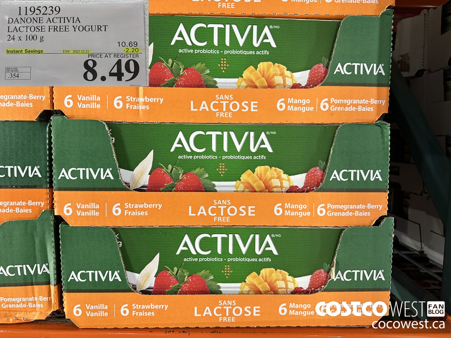 1195239 DANONE ACTIVIA LACTOSE FREE YOGURT 24 x 100 g ($2.20 INSTANT SAVINGS EXPIRES ON 2023-12-21) $8.49