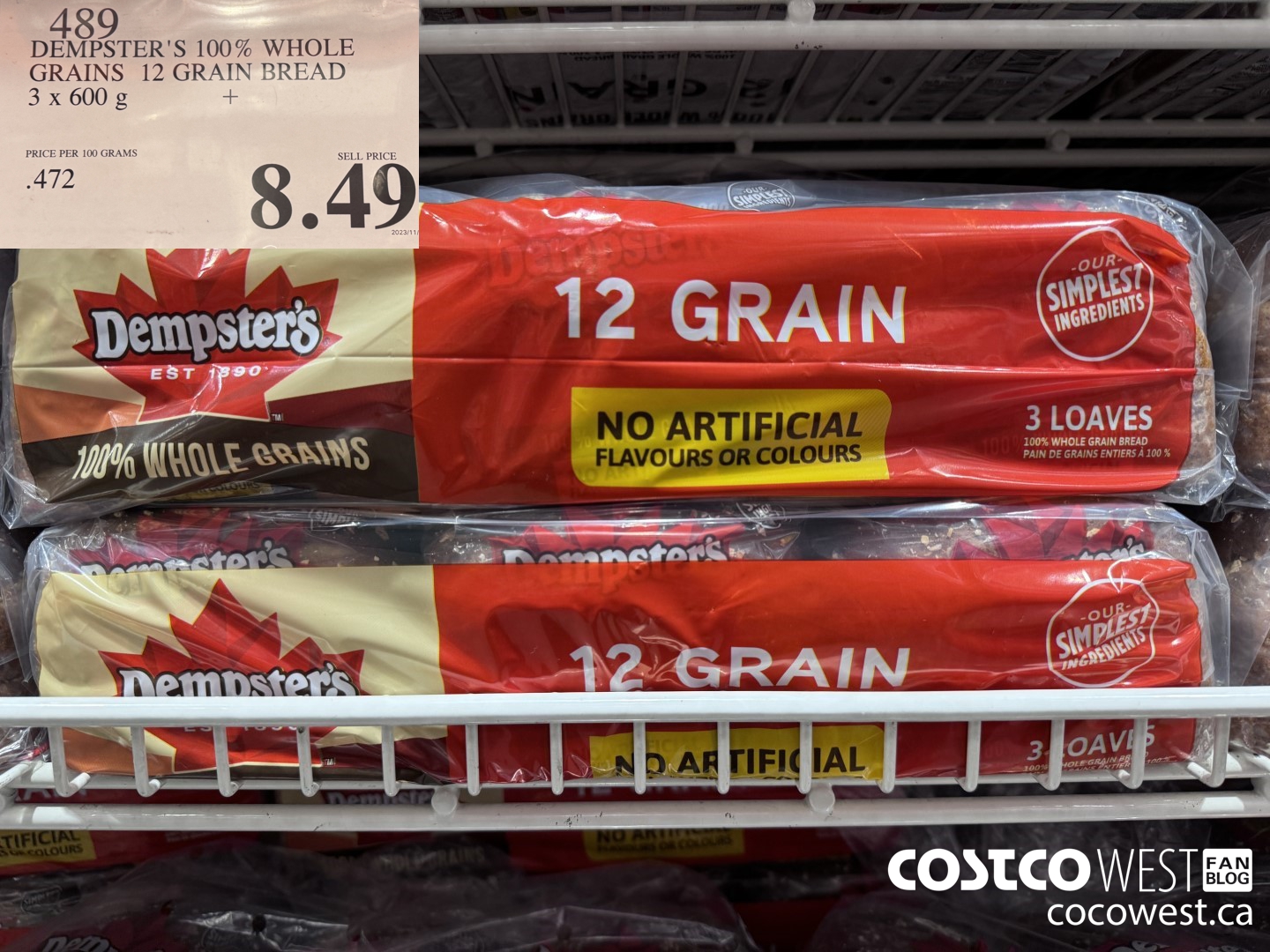 489 DEMPSTER'S 100% WHOLE GRAINS 12 GRAIN BREAD 3 X 600 G $8.49