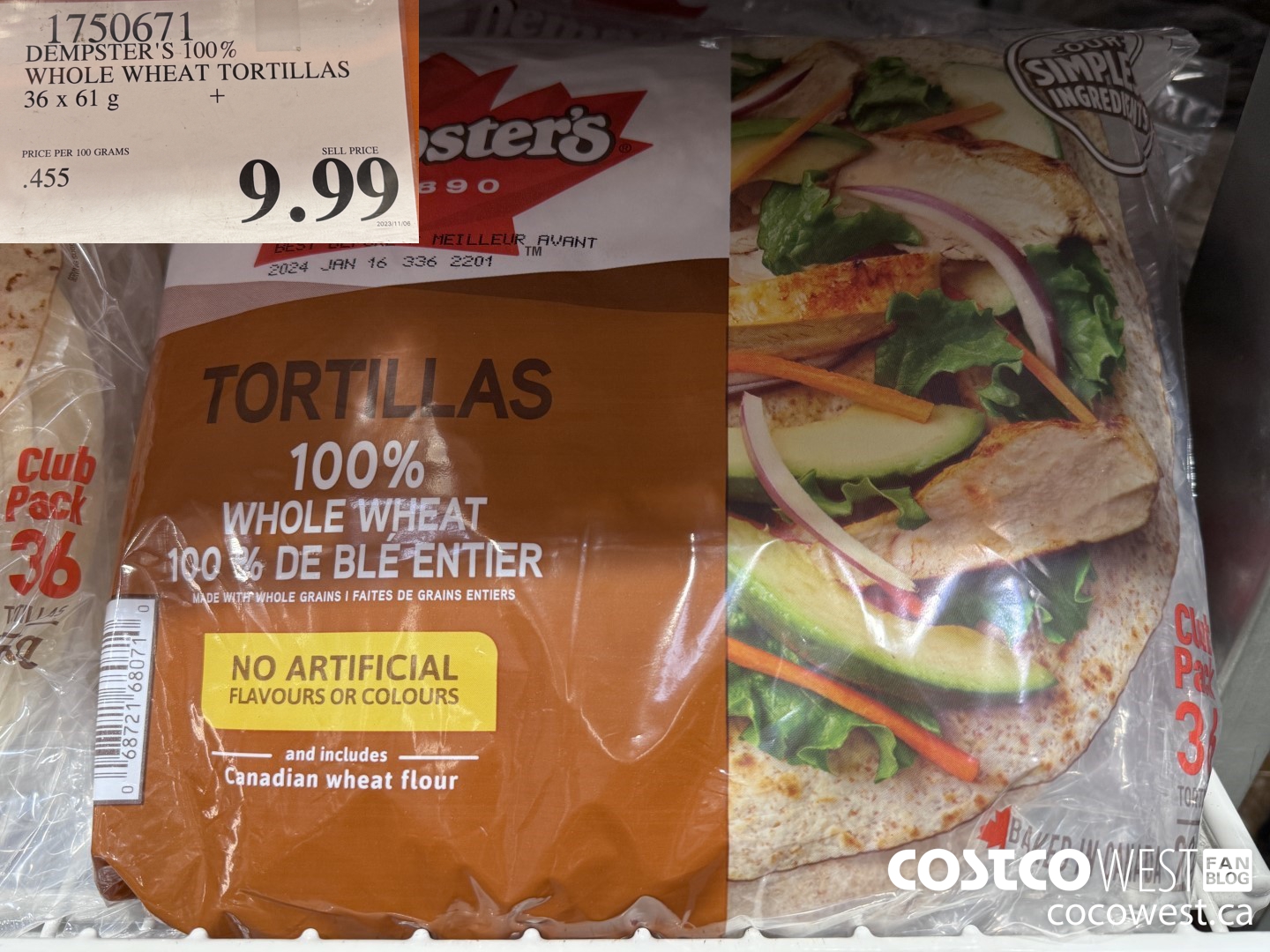 1750671 DEMPSTER'S 100% WHOLE WHEAT TORTILLAS 36 X 61 G $9.99