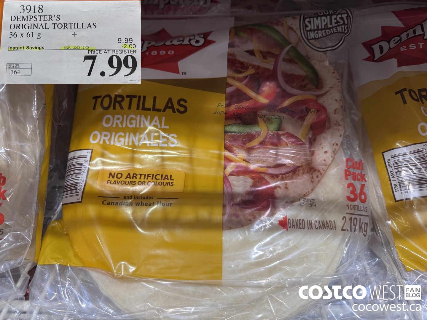 3918 DEMPSTER'S ORIGINAL TORTILLAS 36 X 61 G ($2.00 INSTANT SAVINGS EXPIRES ON 2023-12-03) $7.99