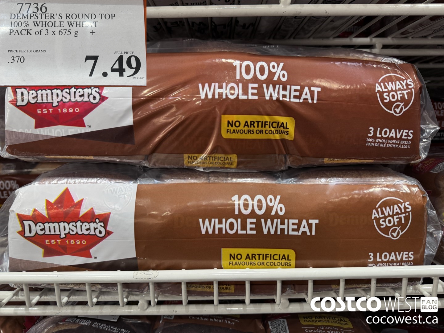 7736 DEMPSTER'S ROUND TOP 100% WWHOLE WHEAT PACK OF 3 X 675 G $7.49