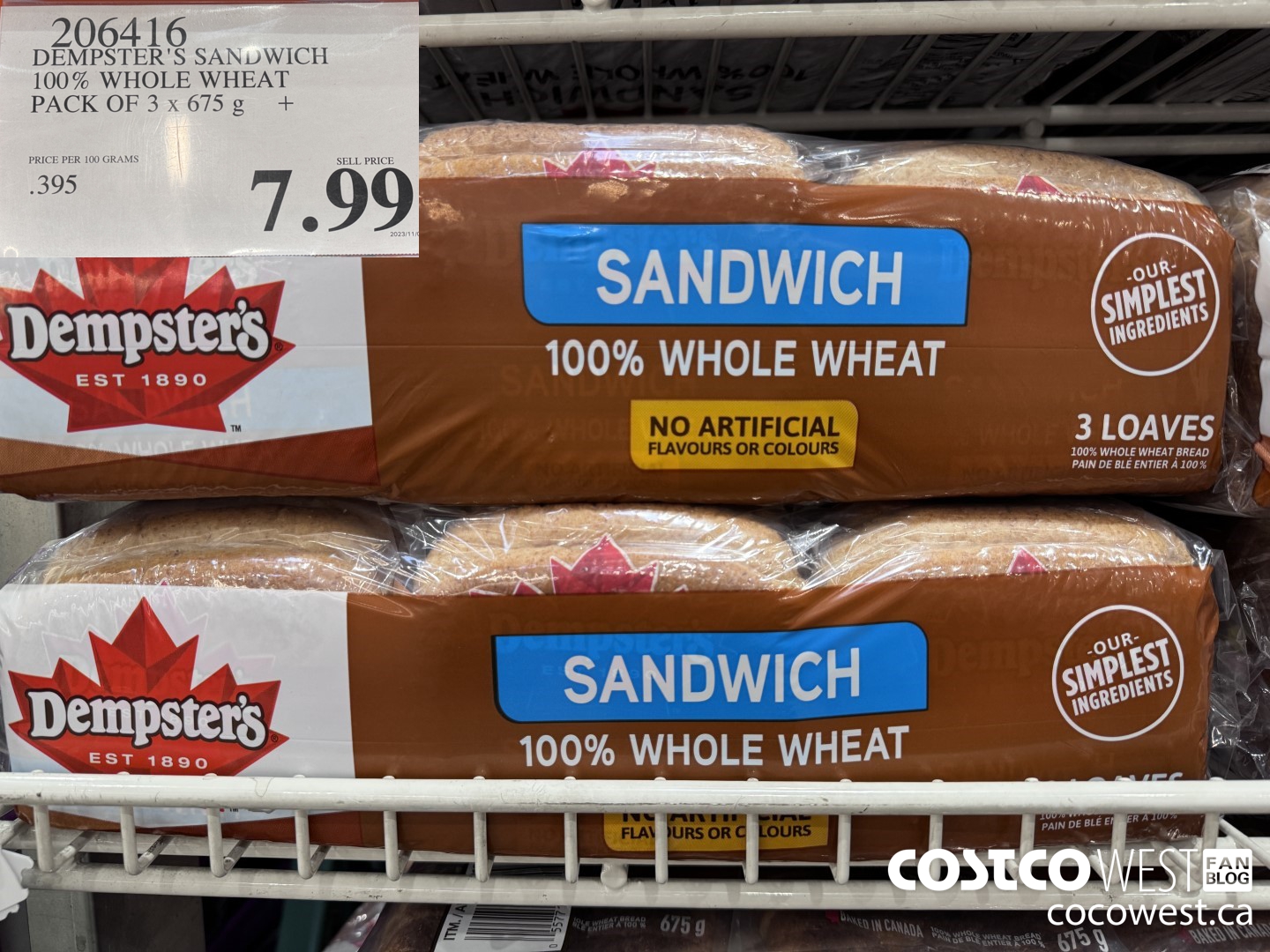 206416 DEMPSTER'S SANDWICH 100% WHOLE WHEAT PACK OF 3 x 675 g $7.99