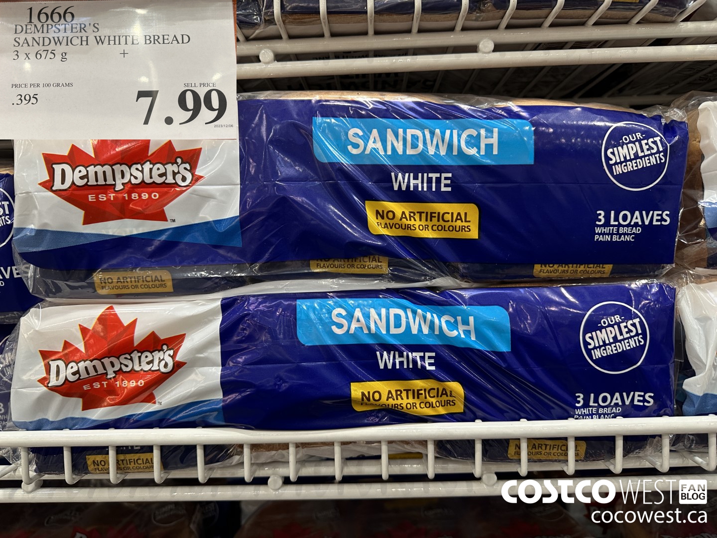 1666 DEMPSTER'S SANDWICH WHITE BREAD PACK OF 3 x 675 g $7.99