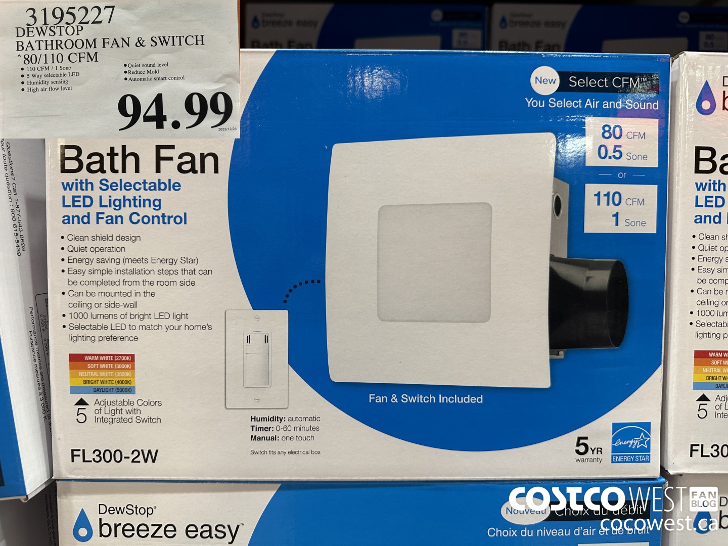 3195227 DEWSTOP BATHROOM FAN & SWITCH 80/110 CFM $94.99