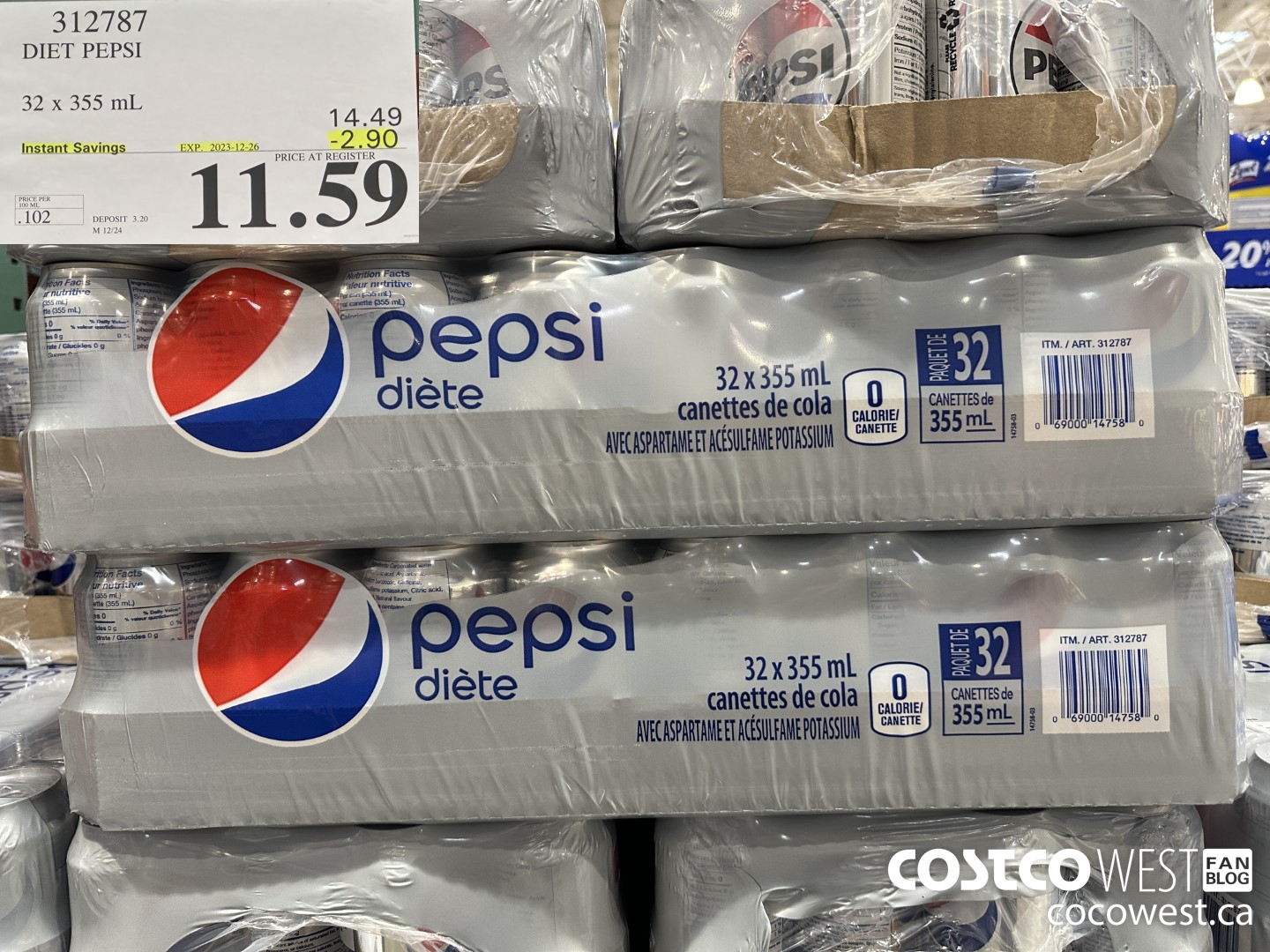 312787 DIET PEPSI 32 X 355 ML ($2.90 INSTANT SAVINGS EXPIRES ON 2023-12-26) $11.59
